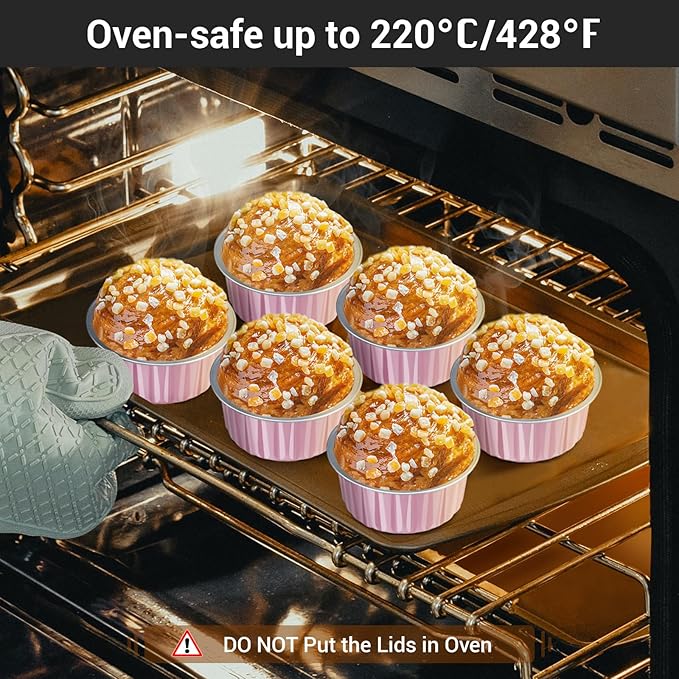 EUSOAR Disposable Ramekins with Lids, 200pcs 5oz Aluminum Foil Cupcake Liners Ramekins Cups for Baking, Dessert Cups Aluminum Cheesecake Pan Creme Brulee Baking Cups for Oven-Pink