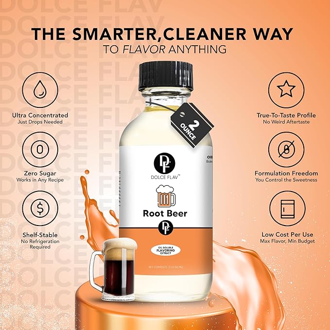 Dolce Flav Root Beer Extract ??2 Ounce Oil-Soluble Kosher, Sugar-Free, Concentrated Classic Root Beer Flavoring for Baking, Chocolates & Desserts, Includes Measured Dropper