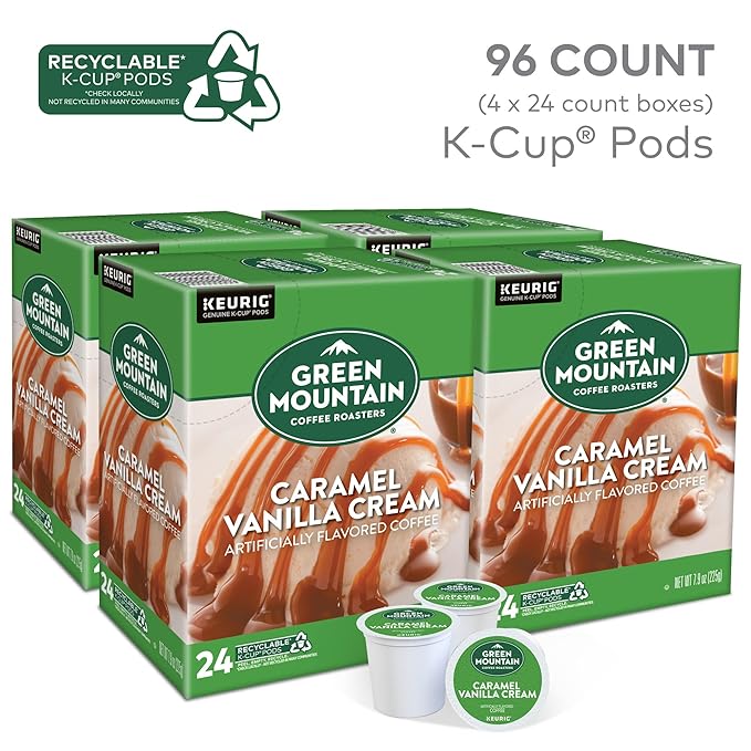 Green Mountain Coffee Roasters Caramel Vanilla Cream Coffee, Keurig Single-Serve K-Cup pods, Light Roast, 96 Count