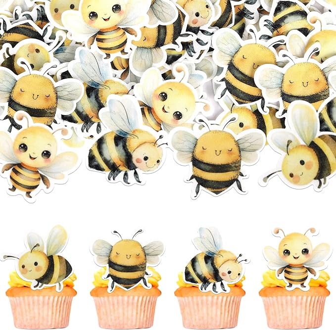 60 Pack Edible Bumble Bee Cake Topper Oh Babee Cupcake Picks Water Bumble Cake Decorations for Christmas Boy or Girl Baby Shower Kids Birthday Party Supplies