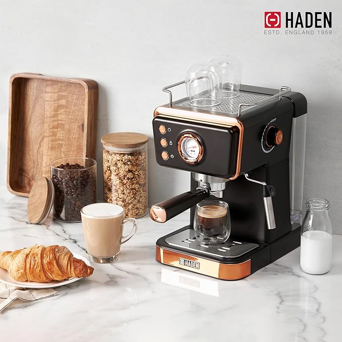 HADEN Barista Brew Espresso Coffee Machine, Stainless Steel Espresso Maker with Milk Frother and Steamer Function and 1.5L Water Tank, Black & Copper