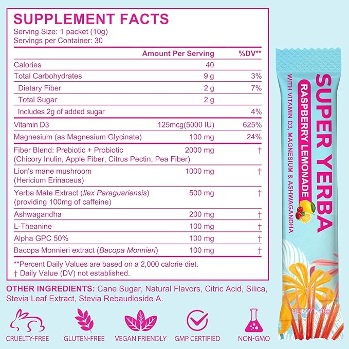 Yerba Mate Instant Tea Powder | Super Yerba Mate Tea for Energy Support & Gut Health - Ashwagandha, Lion?™s Mane, L-Theanine, Raspberry Lemonade Flavor, Hot or Cold Drink (10.58 oz, 30 Servings)