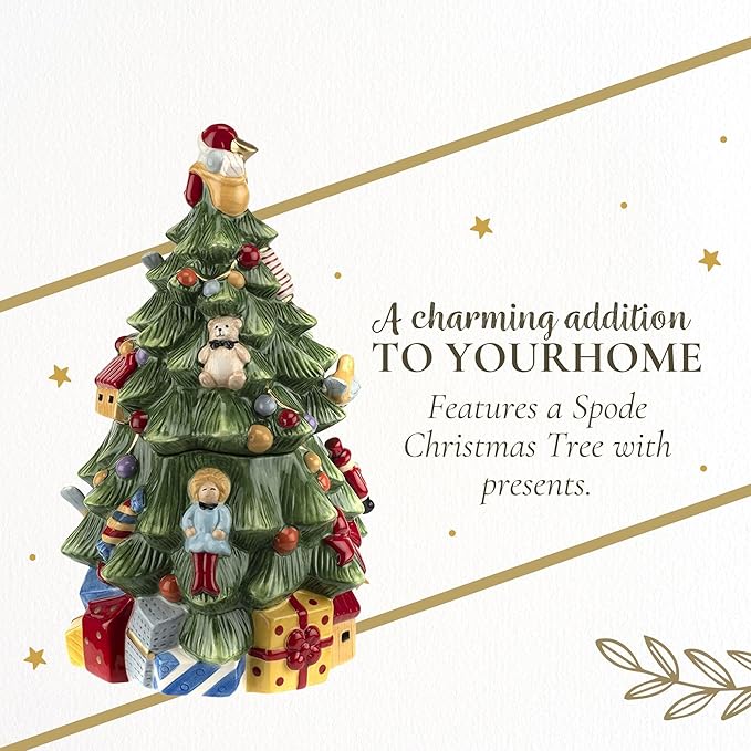 Spode Figural Christmas Tree Cookie Jar - 12.25" Dolomite Holiday Jar with Lid - Festive Tree Decor, Candy Jar for Kitchen Counter, Seasonal Home Decor, Holiday Container