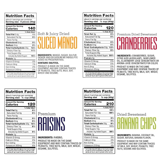 Gourmet Grove Dried Fruit Snack Variety Pack – 8 Pack, 6 oz Bags Each – Includes Cranberries, Raisins, Mango Slices & Banana Chips – Premium Dried Fruit Assortment for Healthy Snacking, Baking & Lunch Boxes