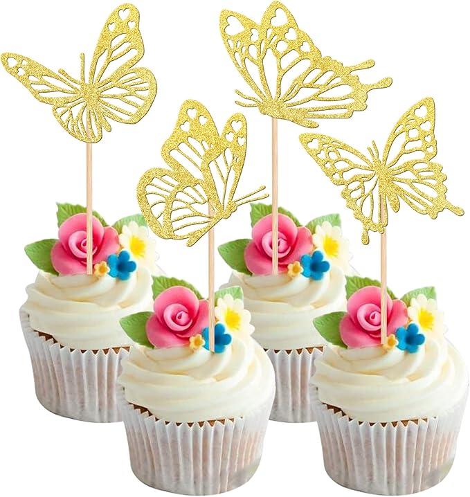Rsstarxi 24 Pack Butterfly Cupcake Toppers Gold Glitter Assembled Butterfly Baby Shower Cupcake Picks for Wedding Engagement Bridal Shower Kids Birthday Party Cake Decorations Supplies