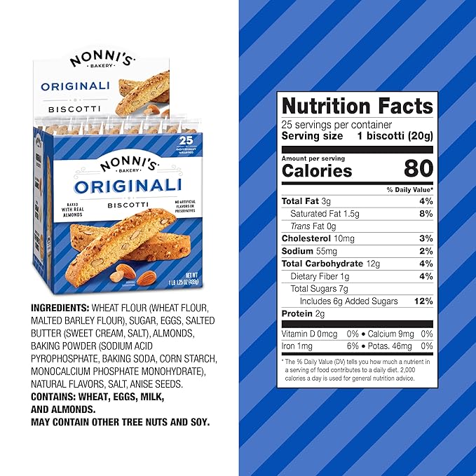 Nonni's Originali Classic Almond Biscotti Cookies ??Individually Wrapped Italian Coffee Snack, Crunchy Twice-Baked, 80 Cal Each, 17.25 oz Carton