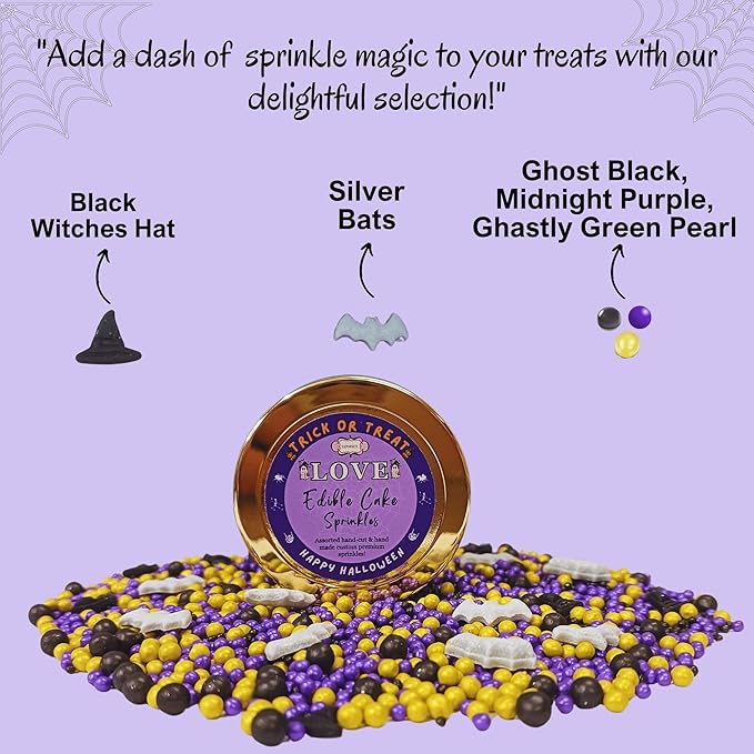 Confect Mix Ghost Black, Midnight Blue & Lime Green Pearl Sprinkles | Black witch Hats & Silver Bats Sprinkles Mix | Hallloween Sprinkles | Batty Witch Brew Sprinkles - 2 Oz