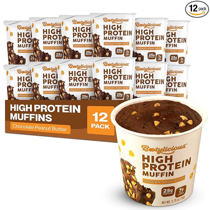 Bootylicious | High-Protein Muffin | 25g Protein, 7g Net Carbs, 2.32-2.75oz Cup, 12-Pack (Chocolate Peanut Butter)