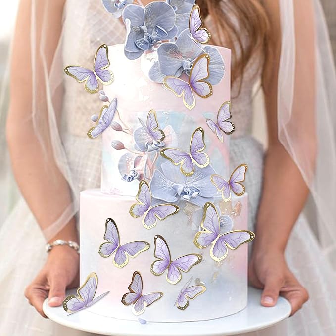30pcs Purple Gold Edge Mixed Size Lively 3D Waterproof Butterfly Cupcake Topper for Girls Women's Happy Birthday Wedding Party Cake Wall Party Food Decorations
