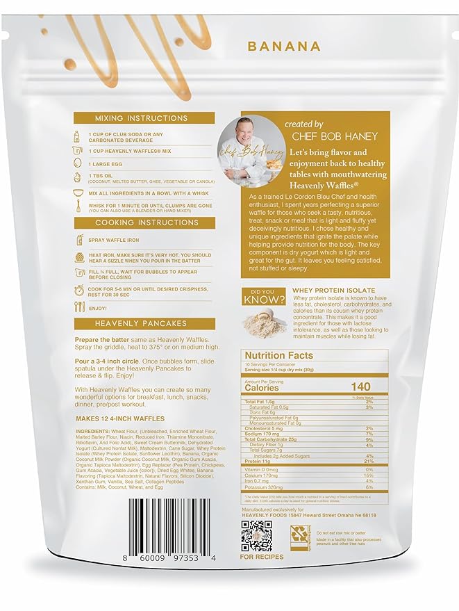 Heavenly Waffles짰 Mix, Banana, 11g Protein, Yogurt Based, Healthy and Nutritiously Balanced, Superior Tasting Waffles and Pancakes, 13.5 oz Pouch