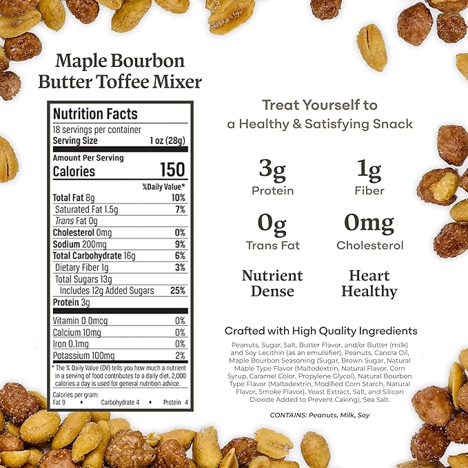 Belmont Peanuts Gourmet Maple Bourbon Butter Toffee Mixer with Maple Bourbon-Spiced Sea Salt and Butter Toffee Virginia Peanuts, 18 oz (1 Pack) ??Simple Ingredients, No Preservatives, Hand Seasoned