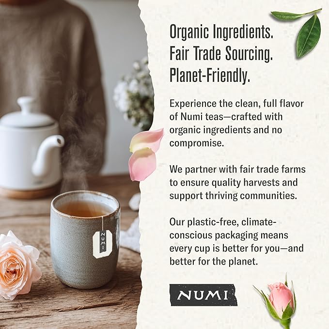 Numi Organic White Rose Tea, 16 Tea Bags, White Tea & Fragrant Rosebuds, Low Caffeine (Packaging May Vary)
