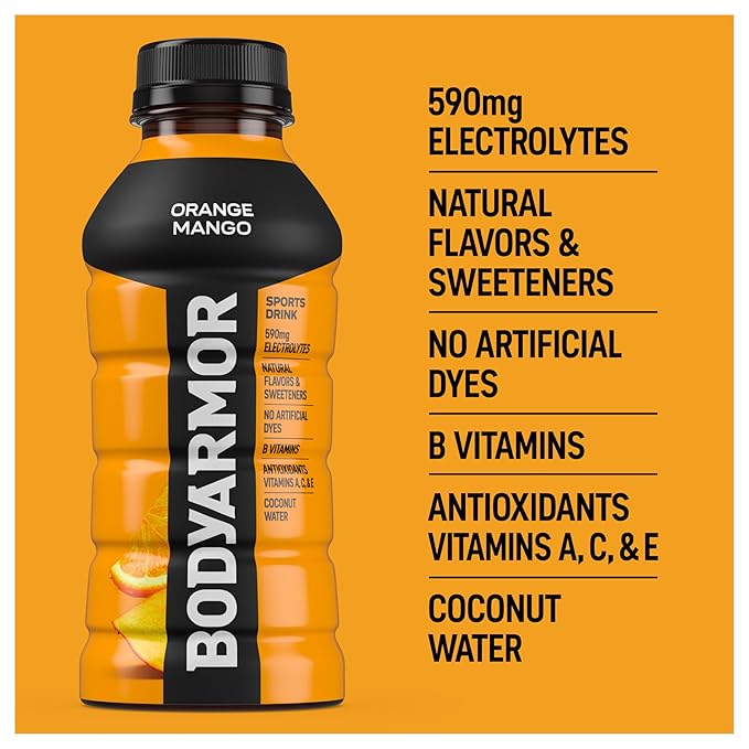 BODYARMOR Sports Drink Sports Beverage, Orange Mango, Coconut Water Hydration, Natural Flavors With Vitamins, Potassium-Packed Electrolytes, Perfect For Athletes, 12 Fl Oz (Pack of 8)