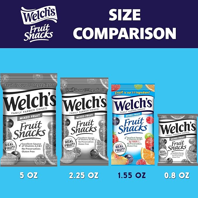 Welch's Fruit Snacks, Mixed Fruit, Great for School Lunches, Bulk Pack, Individual Single Serve Bags, 1.55 oz (Pack of 144)