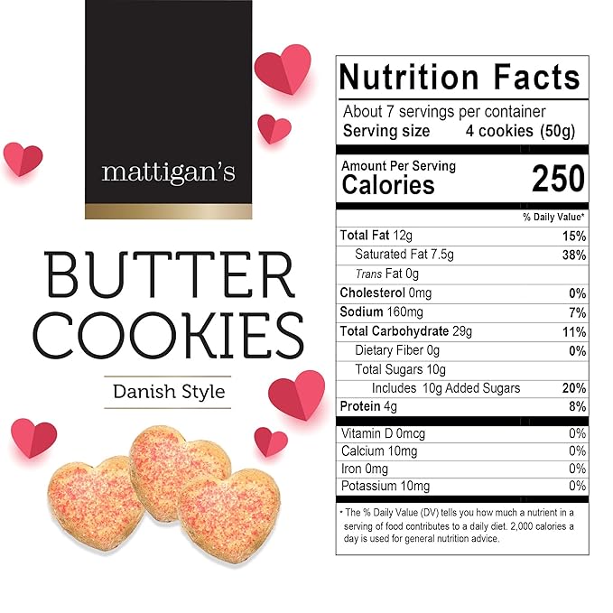 Mattigan's Pink Heart Butter Cookies Danish Style Cookie, 12 Oz Tin, Gourmet Gifts, Holidays, Birthday, Special Occasions, Assorted Cookie Dessert Sweets, Reusable Metal Tin