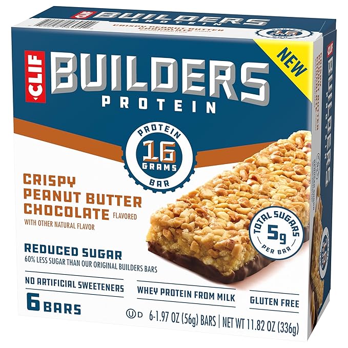 CLIF BUILDERS Protein Bars - Crispy Peanut Butter Chocolate Flavored - Reduced Sugar - Gluten Free - 16g Protein - No Artificial Sweeteners - 1.97 oz. (6 Pack)
