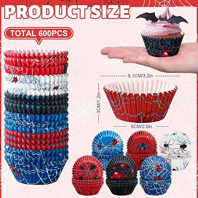 600 Pcs Spider Paper Baking Cups Spider Web Cupcake Liners Red Blue Muffin Liner Cake Paper Cups Storage Container for Birthday Party DIY Crafts Supplies, 2 x 1.2 Inch