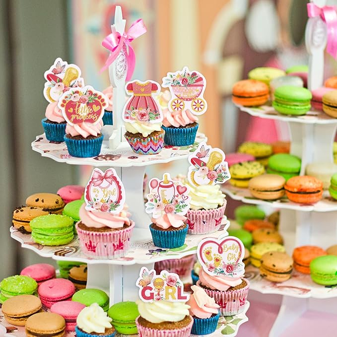 40Cyodoos 40Pcs Edible Pink Rose Gold Baby Shower Cupcake Toppers for Girls Floral It's a Girl Gender Reveal Party Girl Birthday Party Supplies