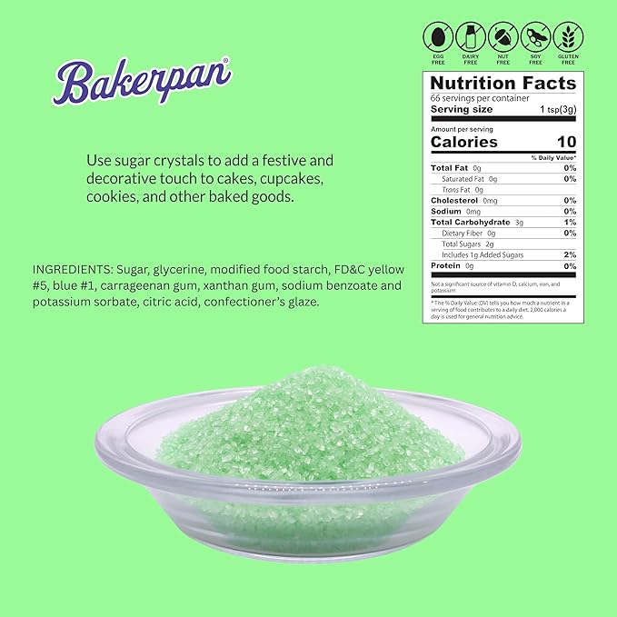 Bakerpan Sugar Sprinkles for Baking - 7 Ounce Mint Green Decorating Sugar Crystals for Cookies, Cake Pops, Ice Cream (Made in USA)