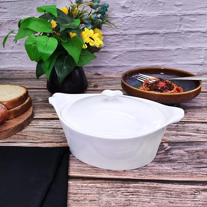 8.7" x 6.7" Ceramic Oval Casserole Dish with Lids,1.6 Qt White French Serving Soup Tureens, Baking Dish with Handle 11.3 IN, for Casseroles, Lasagna Cookware Set, Microwave, Oven Safe