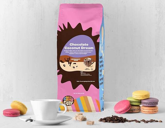 Crazy Cups Flavored Chocolate Ground Coffee, Chocolate Coconut Dream Coffee in 10 oz Bag, For Brewing Hot or Iced