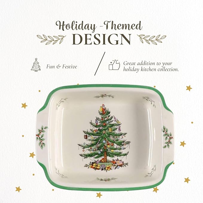 Spode Christmas Tree Rectangular Handled Dish (9" x 12") Baking & Seasonal Platters - Earthenware, Microwave & Dishwasher Safe - Festive Tableware for Holiday Entertaining & Christmas Dining