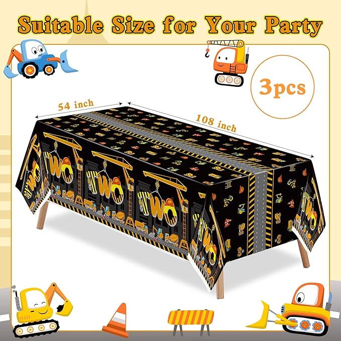 Two Construction Party Tablecloths - 3Pcs Dump Truck Birthday Party Table Covers Decorations, Construction Themed Rectangular Plastic Disposable Table Cloth for Kids Birthday Baby Shower Supplies