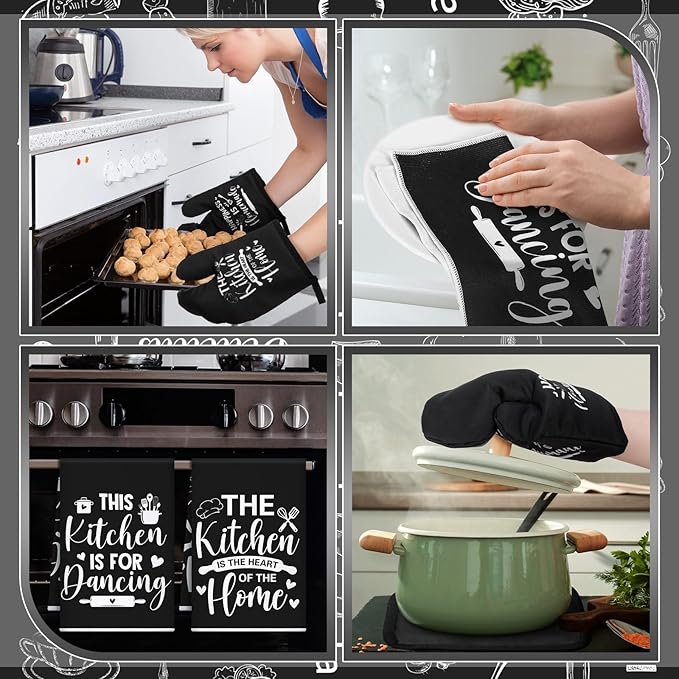 Bencailor 12 Pcs Farmhouse Kitchen Decor Sets, 8 Black Kitchen Dish Towels 2 Pot Holders 2 Oven Mitts Glove, Rustic Hand Towels and Dishcloths Sets for Home Decorations Accessories Christmas Mom Gifts