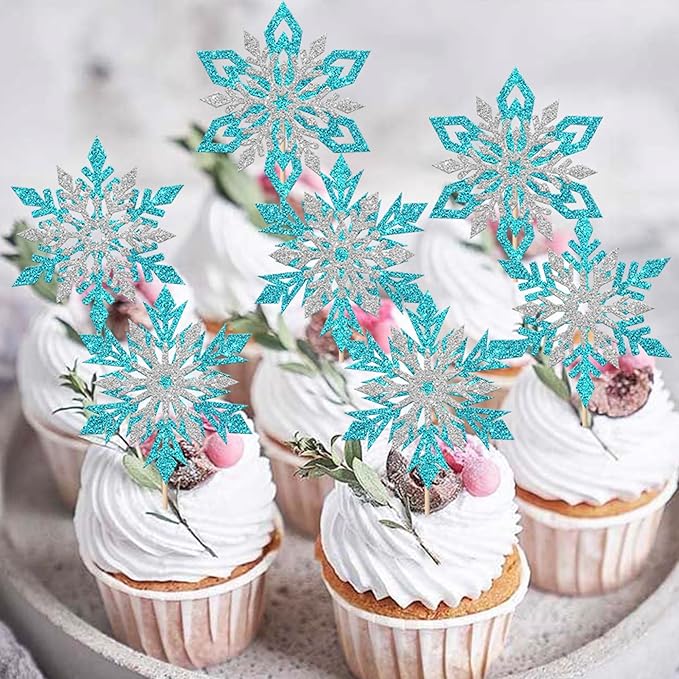 Rsstarxi 24 Pack Blue Snowflake Cupcake Toppers Double Layered Silver Snowflake Cupcake Picks Decoration for Winter Frozen Theme Baby Shower Wedding Birthday Christmas Party Cake Decorations