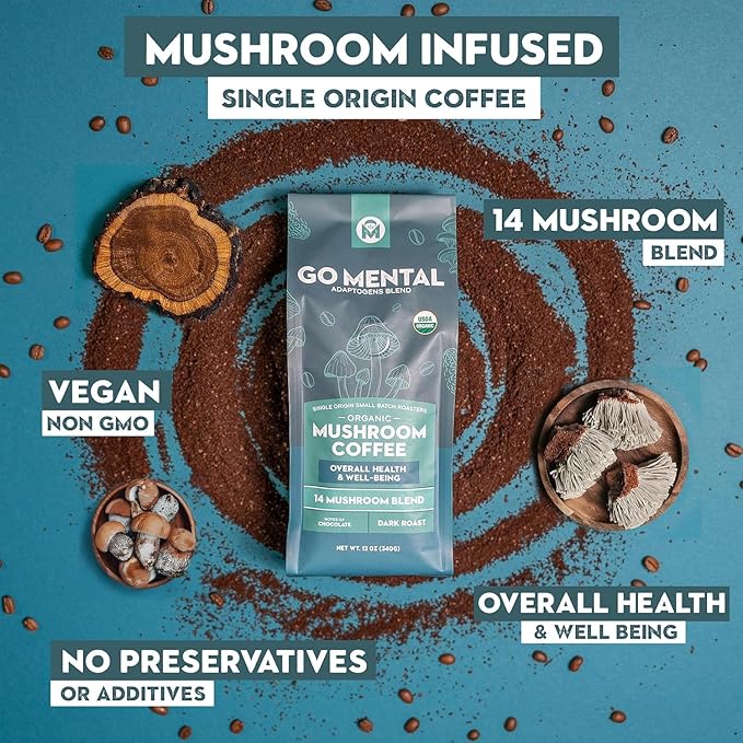 Organic 14 Mushroom Coffee Blend Dark Roast, Organic Lion's Mane, Chaga, Red Reishi and more, Chocolate Notes, Enhances Overall Health, Immune Support And Wellbeing, Ground 12 oz Bag (2 Pack)