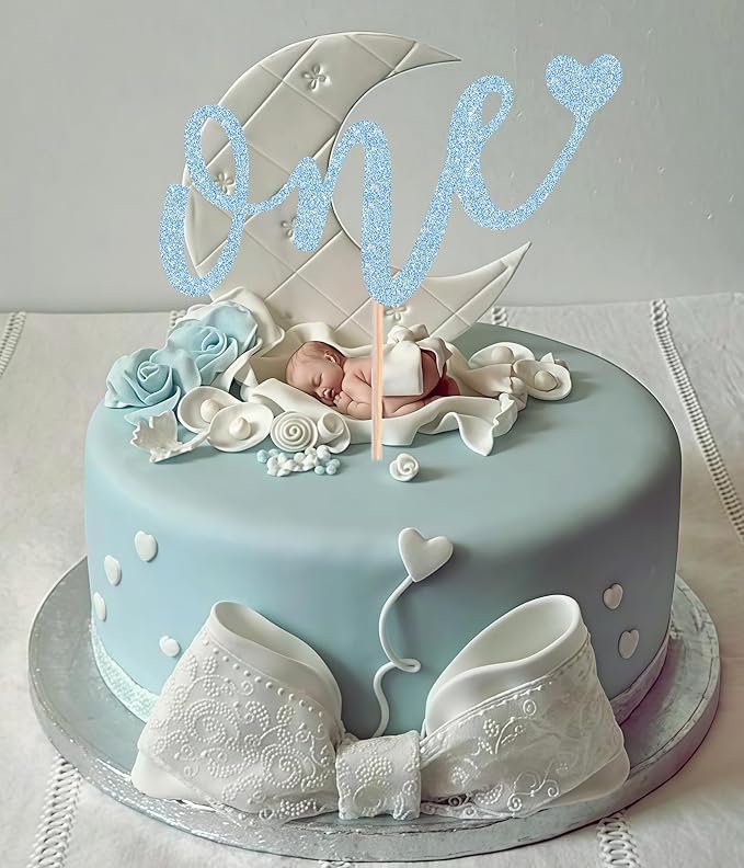 First Birthday Cake Topper - Light Blue Glitter Love One Birthday Cake Decorating Supplies, Perfect for Baby Shower/Gender Revealing Party/Baby Party Photo Booth Props