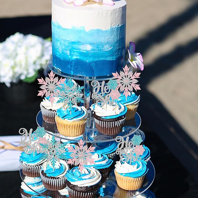 Rsstarxi 24 Pack Snowflake Gender Reveal Cupcake Toppers Pink Blue Glitter He or She Cupcake Picks Winter Snowflake Cake Decorations for Winter Wonderland Birthday Baby Shower Party Supplies