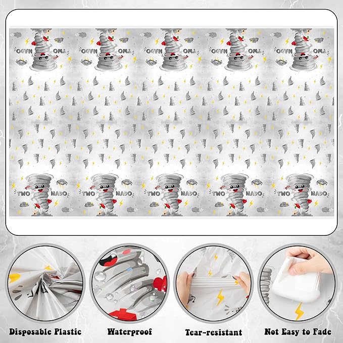 3Pcs Two Nado Party Tablecloths - Gray Tornado Birthday Party Table Covers Decorations, Cute Two Nado Themed Rectangular Plastic Disposable Table Cloth Decor for Baby Girls 2nd Birthday Baby Shower