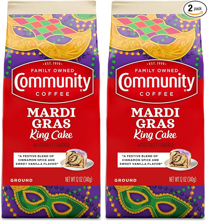 Community Coffee Mardi Gras King Cake Flavored 12 Ounces, Medium Roast Ground Coffee, 12 Ounce Bag (Pack of 2)