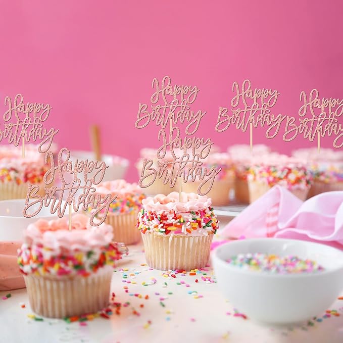 24 PCS Happy Birthday Cupcake Toppers Glitter Picks for Celebrating Anniversary Theme Party Cake Decorations Supplies Rose Gold
