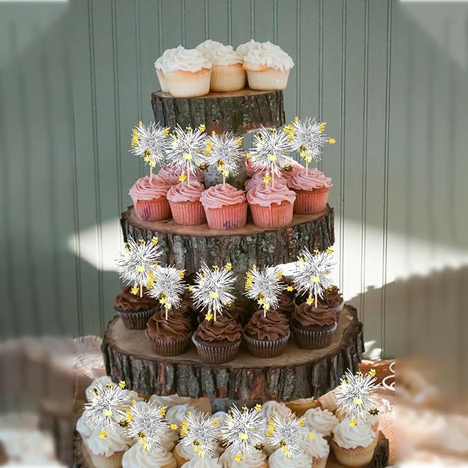 Rsstarxi 30 Pack Foil Firework Cupcake Toppers Happy Birthday Party Decorations Sparkle Tinsel Cocktail Food Fruit Toothpick for Happy Valentine's Day Wedding Birthday Party Cake Decorations Silver