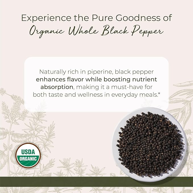 Starwest Botanicals Organic Whole Black Pepper - Black Peppercorns for Grinder Refill, Sourced from India, Sri Lanka, & Vietnam, Certified Kosher, Non-GMO - Bulk 1 lb Bag