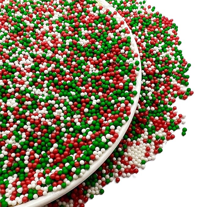 SE Si&Moos Nonpareil Sprinkles, 2mm Red Green White Mini Edible Pearls Red Green and White Sprinkles for Cake Decorating Christmas Cookie Decorations Wedding Shower Party Christmas Holiday Supplies 3.5 OZ