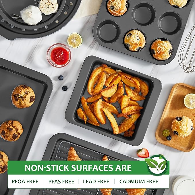HONGBAKE Bakeware Sets, Baking Pans Set with Kitchen Utensils, Nonstick Oven Pan with Wider Grips, 17 Pieces Including Rack, Cookie Sheet, Cake, Loaf, Muffin, Pizza Pan