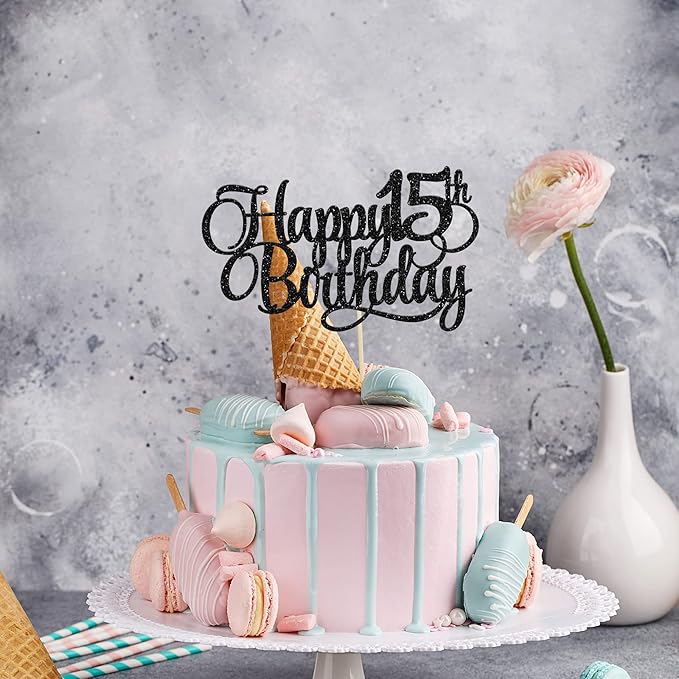 1 Pack Happy 15th Birthday Cake Topper Glitter Number 15 Fifteen Years Old Birthday Cake Pick Decoration for 15th Birthday Celebrating Anniversary Party Supplies Gold