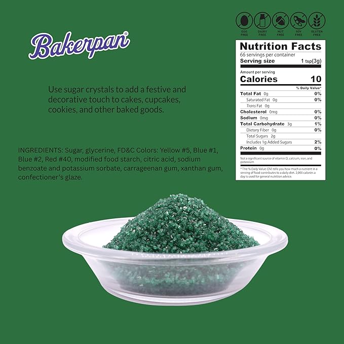 Bakerpan Sugar Sprinkles for Baking - 7 Ounce Forest Green Decorating Sugar Crystals for Cookies, Cake Pops, Ice Cream (Made in USA)