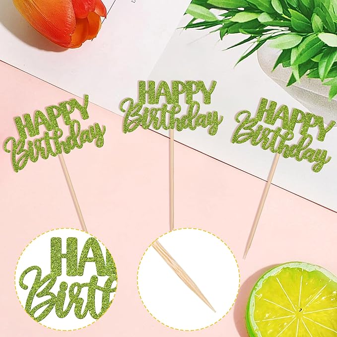 30 PCS Happy Birthday Cupcake Toppers Glitter Happy Birthday Cupcake Picks for Celebrating Birthday Anniversary Theme Party Cake Decorations Supplies Green