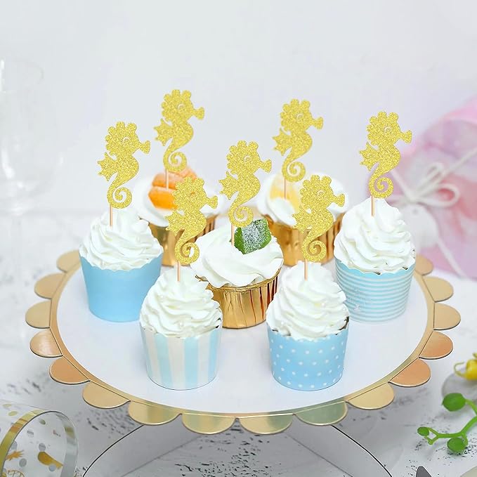 24 PCS Seahorse Cupcake Topper Ocean Themed Party Seahorse Cupcake Decorations Baby Shower Birthday Party Decorations