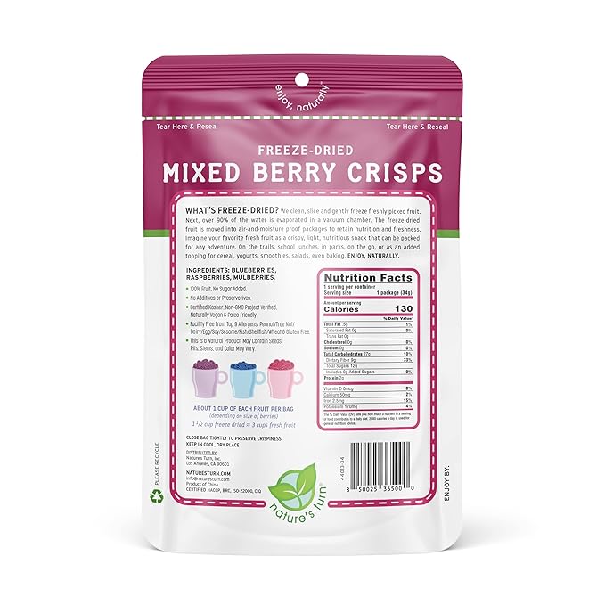 Nature's Turn Freeze-Dried Fruit Snacks, Mixed Berry Crisps, Pack of 6 (1.2 oz Each)