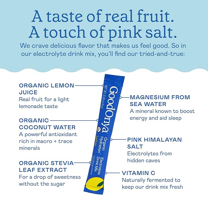 GOODONYA Organic Hydration Electrolyte Drink Mix, Certified Organic Hydration Powder, Non-GMO, Biochecked Glyphosate Free, Low Sugar, Lemonade Flavor, No Artificial Flavors,12 Stick Packs
