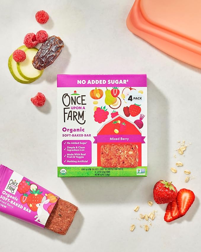 Once Upon a Farm | Organic Mixed Berry Soft Baked Bar | Strawberry, Raspberry, Beet & Oats | Made with Real Fruit & Veggies | No Added Sugar | 8 Boxes