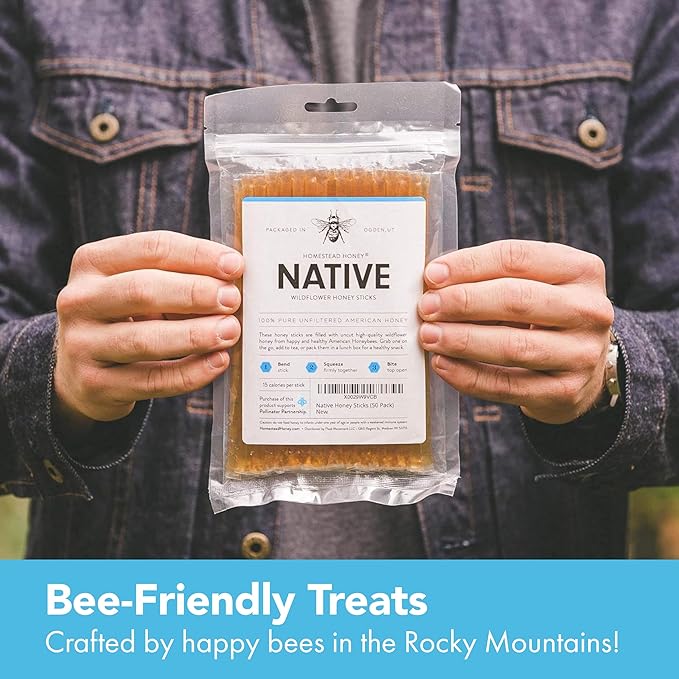 Homestead Honey Native Honey Sticks for Tea - 50-Pack Bulk Packets, Single Serve - Pure Wildflower Honey Straws - Easy-to-Open Honeycomb Stir Sticks for On-the-Go, Snacks, and Travel