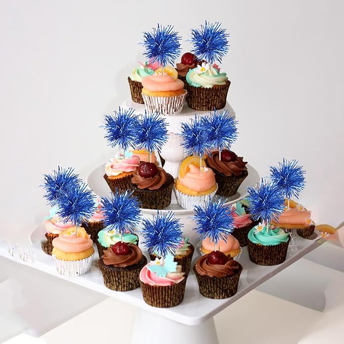 40 PCS Foil Firework Cupcake Toppers Sparkle Tinsel Cupcakae Picks Sparkler Fireworks Party Decorations Cocktail Fruit Toothpick for Birthday Wedding Graduation Party Decorations Supplies Dark Blue