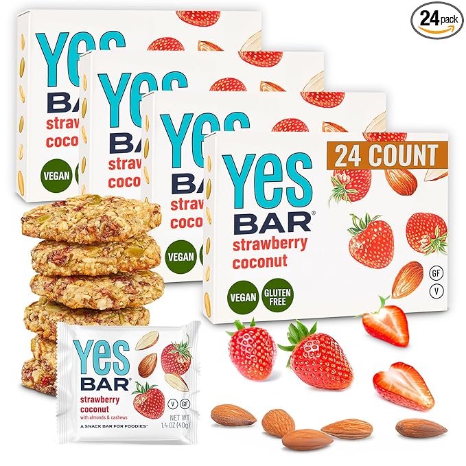 The YES Bar ??Strawberry Coconut ??Plant Based Protein, Decadent Snack Bar ??Vegan, Paleo, Gluten Free, Dairy Free, Low Sugar, Healthy Snack, Breakfast, Low Carb, Keto Friendly (24 Count)