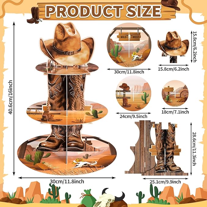 2 Pack Western Cowboy Cupcake Stand Western Party Decorations Wild West Cupcake Holder Cowboy Party Decorations for Boys Birthday Western Theme Baby Shower Supplies